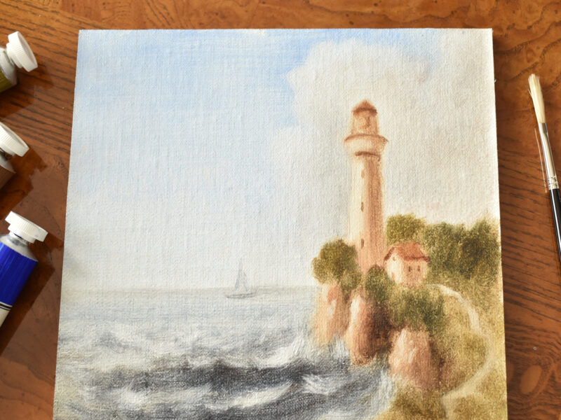 Original Seascape Painting with Lighthouse, Oil Painting on Canvas Panel